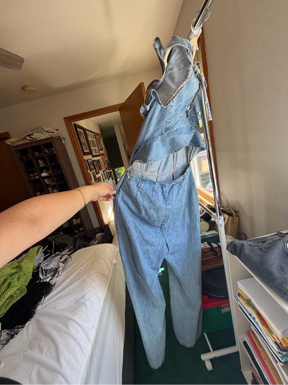We The Free Light Blue Denim Ruffle-Back Tie Jumpsuit - Picture 5 of 6